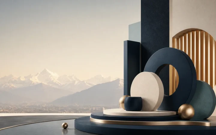 Abstract forms overlooking Kathmandu and the Himalayan horizon