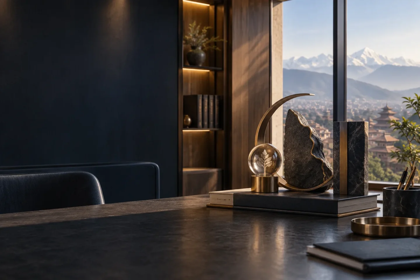 A quiet chambers desk with the Kathmandu valley and the Himalaya visible through a tall window.