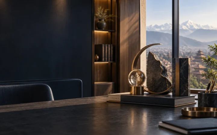 A quiet chambers desk with the Kathmandu valley and the Himalaya visible through a tall window.