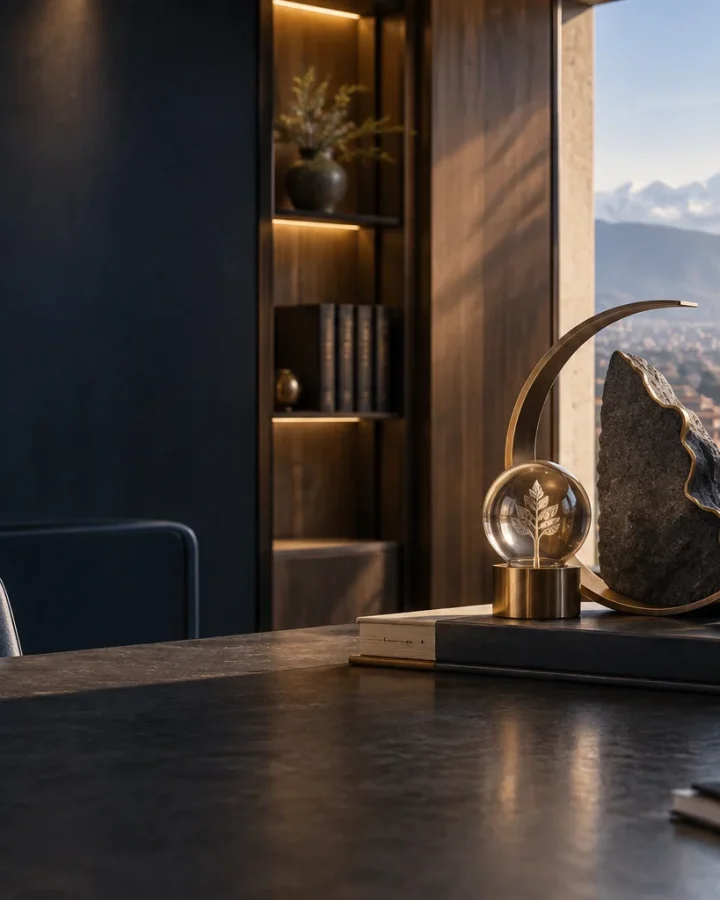 A quiet chambers desk with the Kathmandu valley and the Himalaya visible through a tall window.