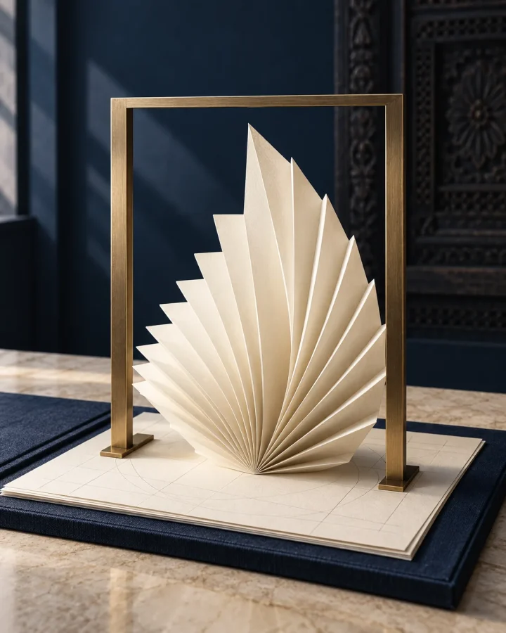 An opened paper form standing inside a slim brass frame on a navy base, representing an original work held in protection.
