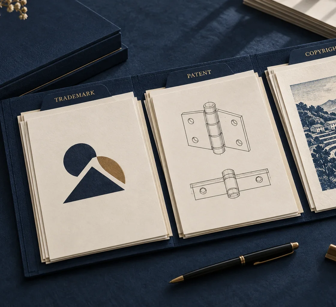Trademark specimen, patent drawing and original artwork arranged in a navy intellectual-property portfolio.