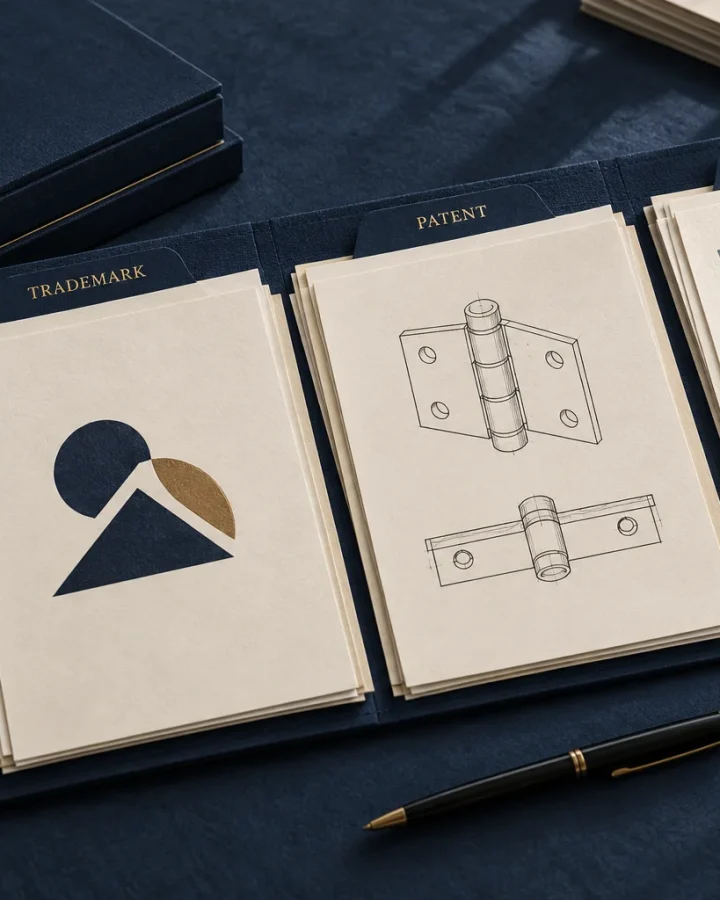 Trademark specimen, patent drawing and original artwork arranged in a navy intellectual-property portfolio.