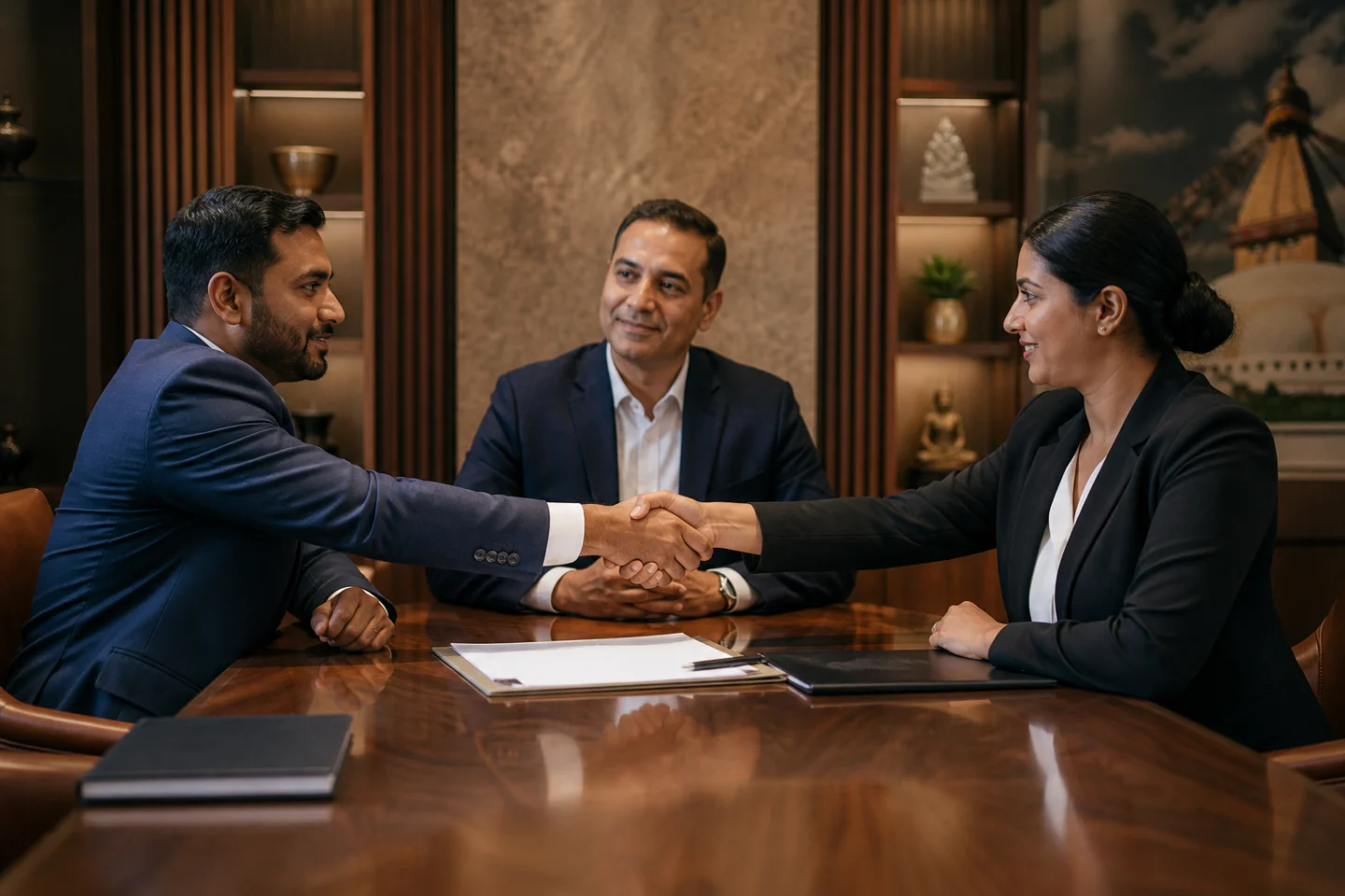 Business representatives reaching agreement through alternative dispute resolution