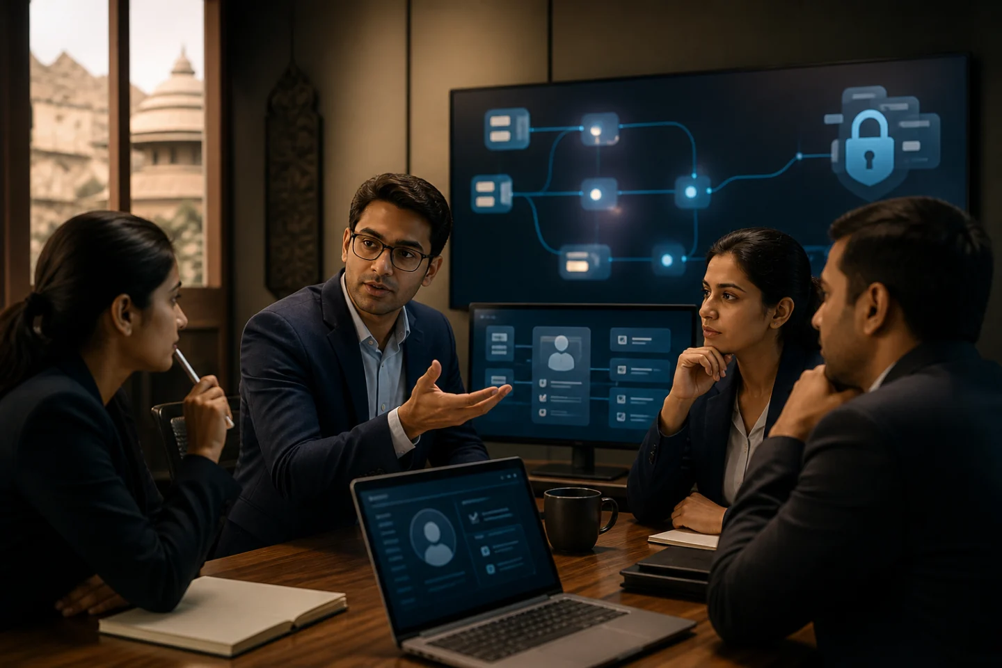 Privacy team reviewing secure data flows and identity controls