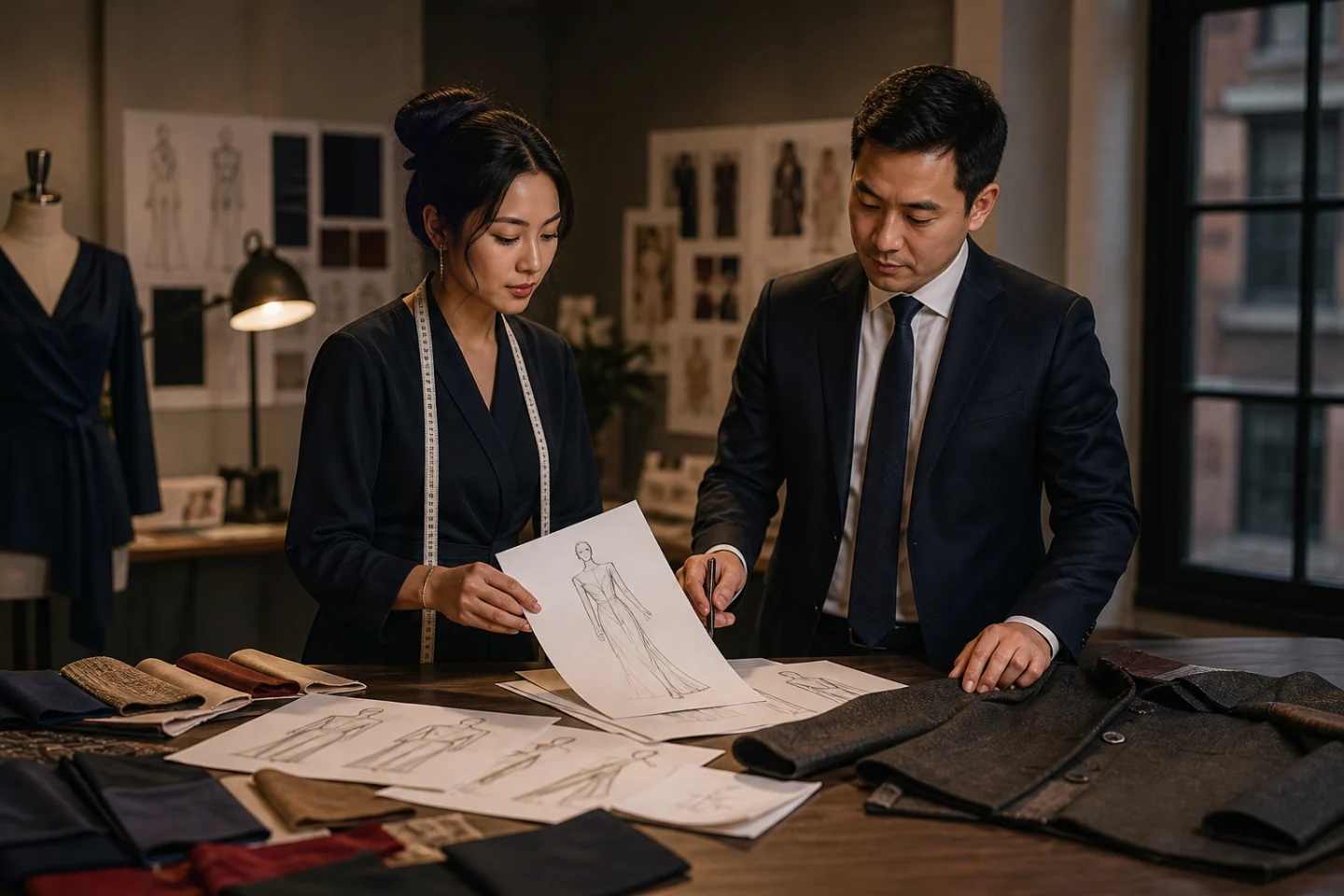 Fashion designer and adviser reviewing original garments and textiles