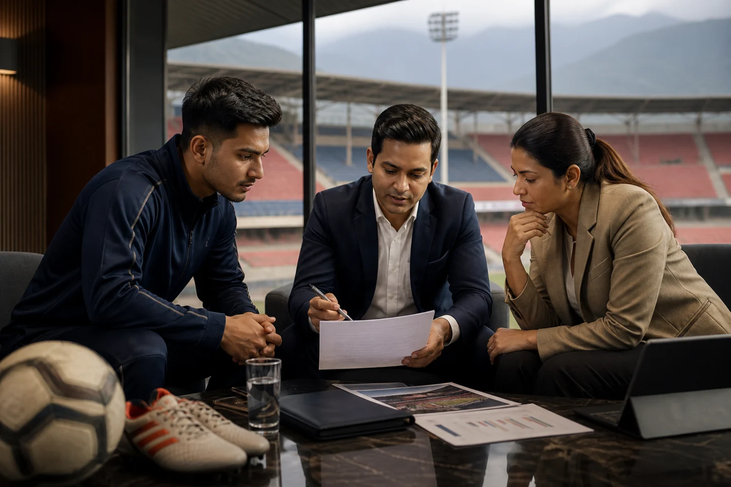 Athlete and advisers reviewing sports sponsorship and media rights