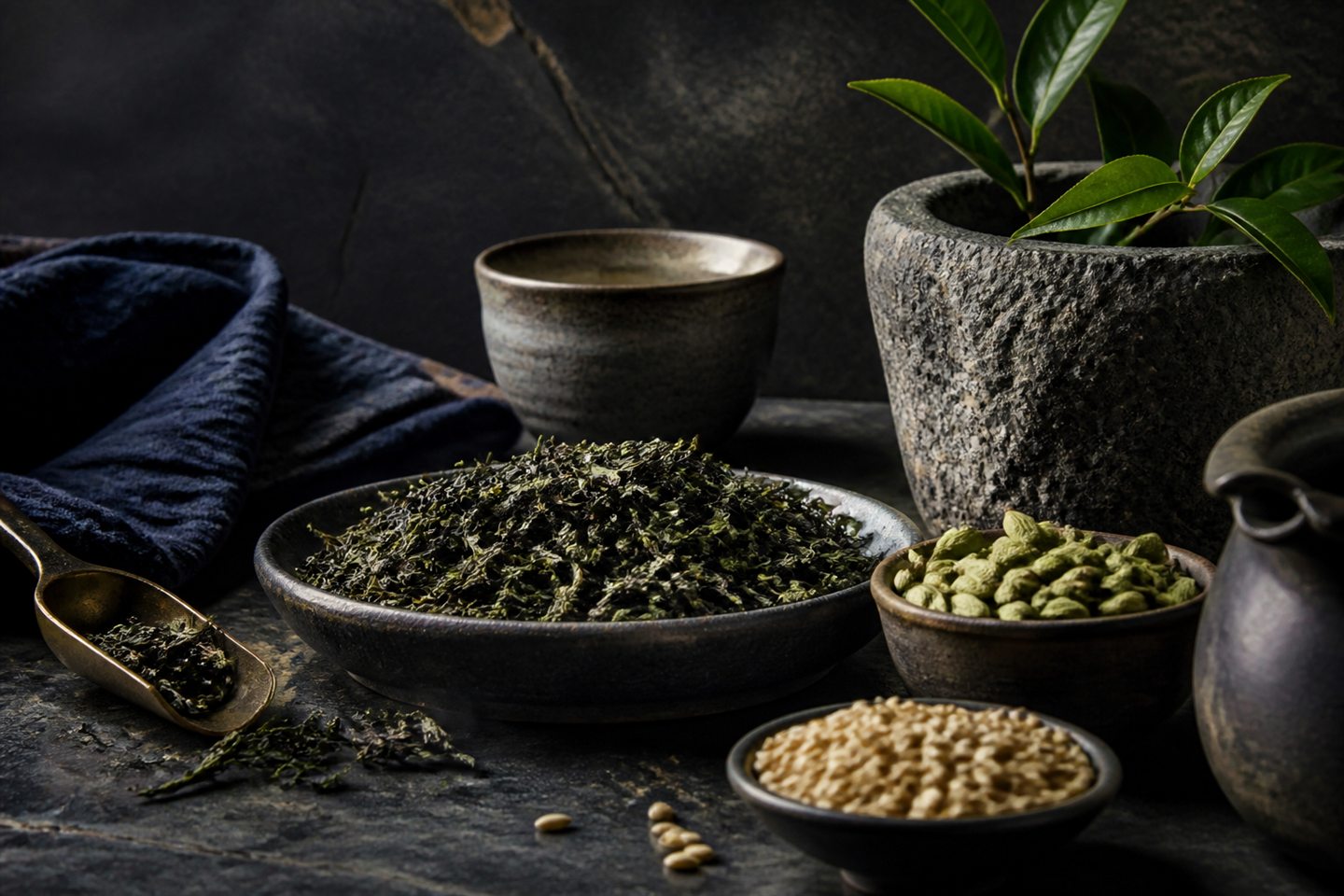 Nepal-origin tea leaves spices and grains arranged on dark stone