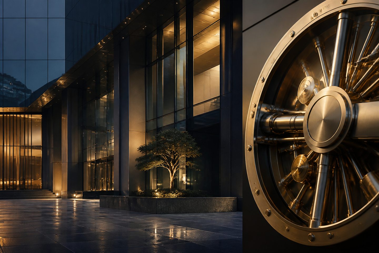 Modern financial architecture with secure metallic vault geometry
