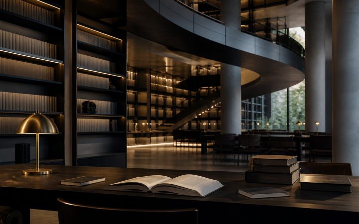 Contemporary university library with research table and archival books