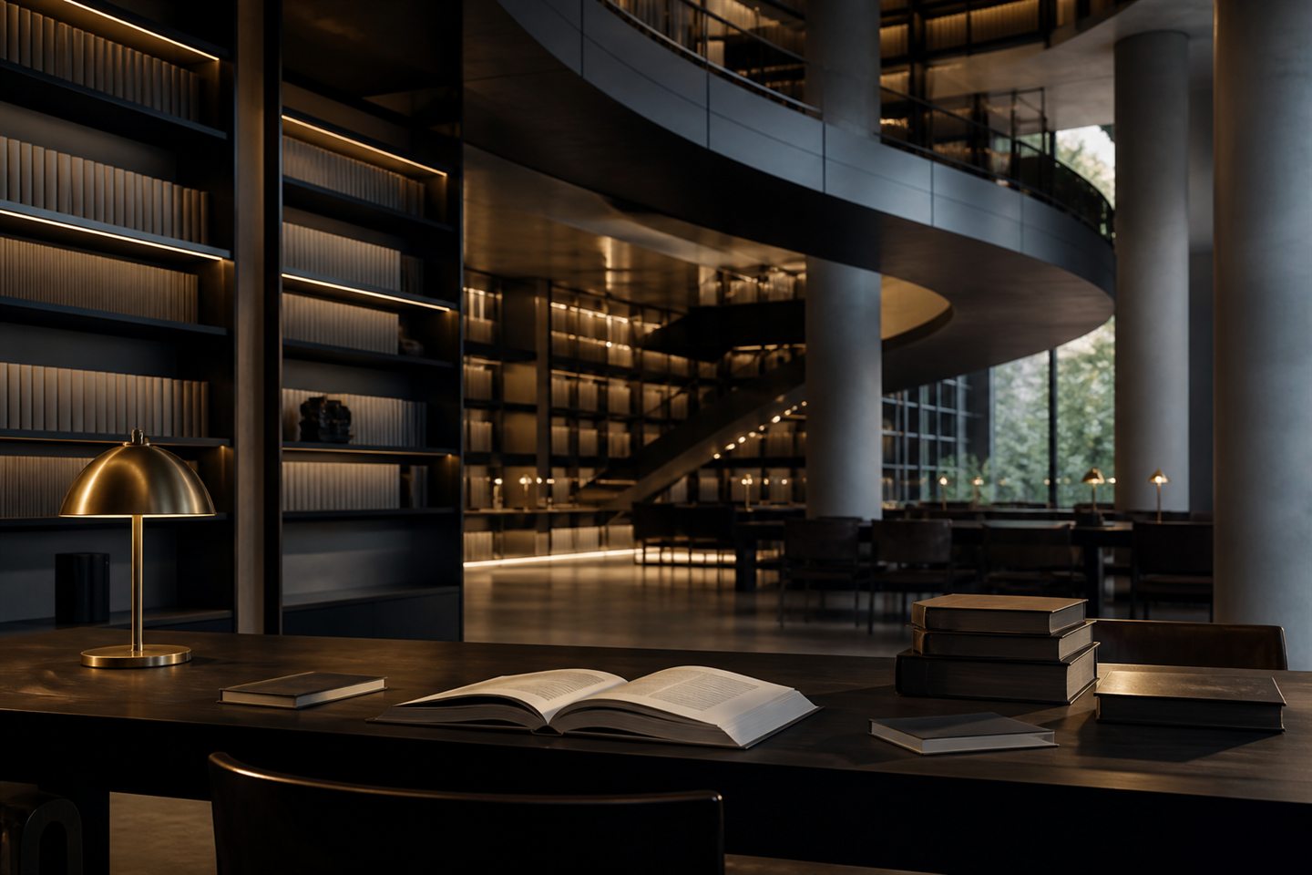Contemporary university library with research table and archival books