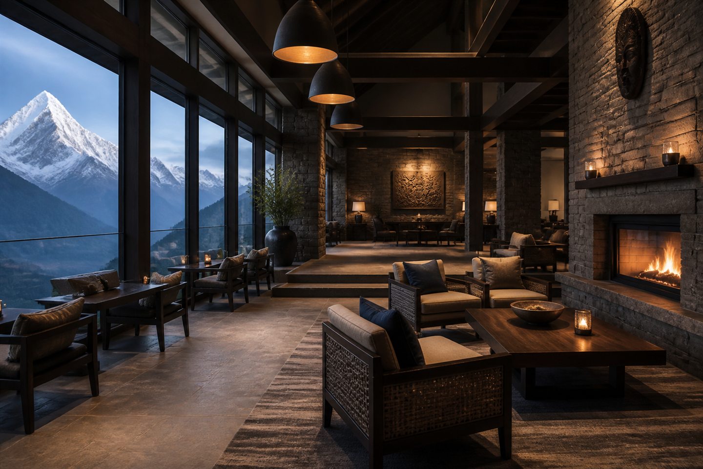 Refined Himalayan hotel interior in warm stone and dark timber