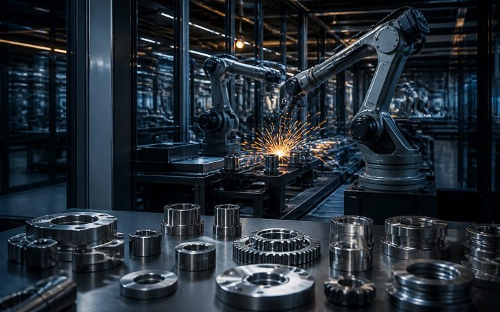 Precision metal components inside a modern robotic manufacturing cell