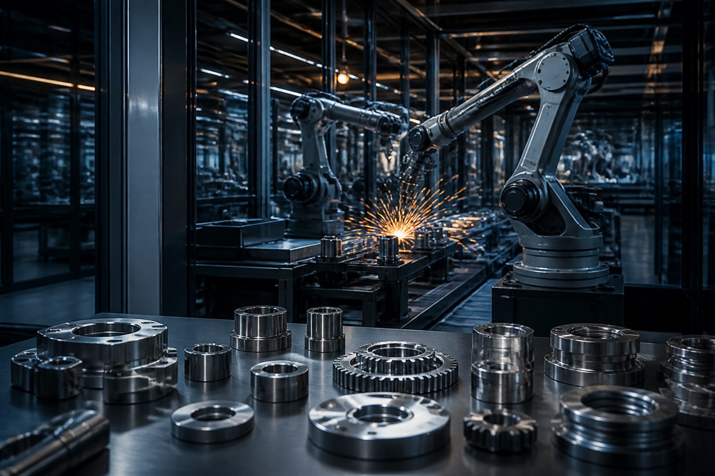 Precision metal components inside a modern robotic manufacturing cell