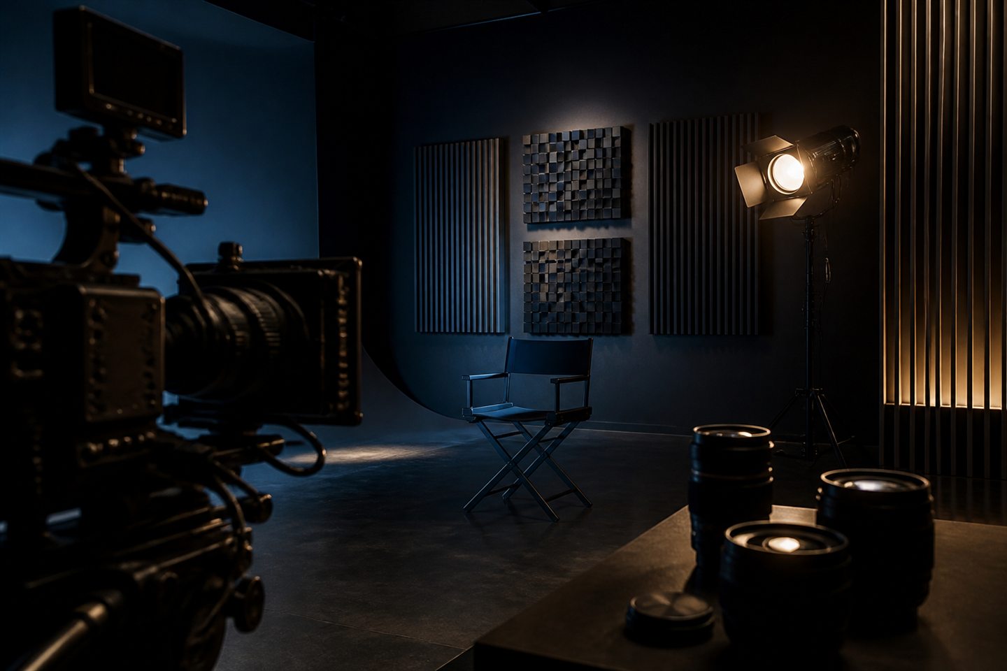Cinematic production studio with camera silhouette and controlled stage light
