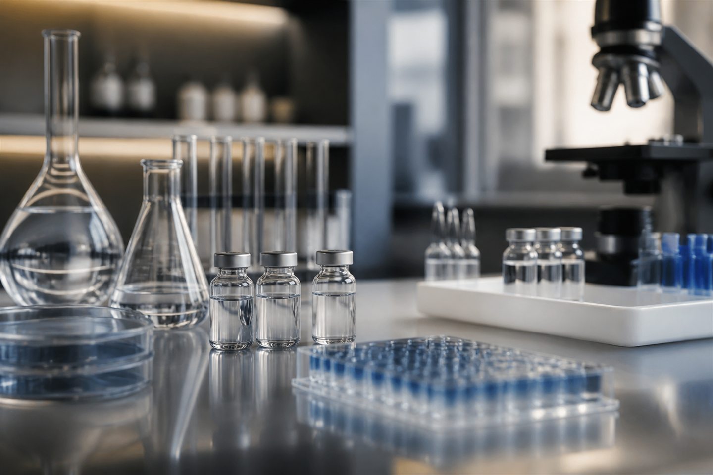Precision laboratory glassware and sealed medicine vials in a clinical setting