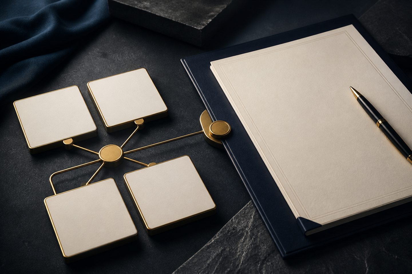 Interconnected intellectual-property asset tiles beside an agreement folio