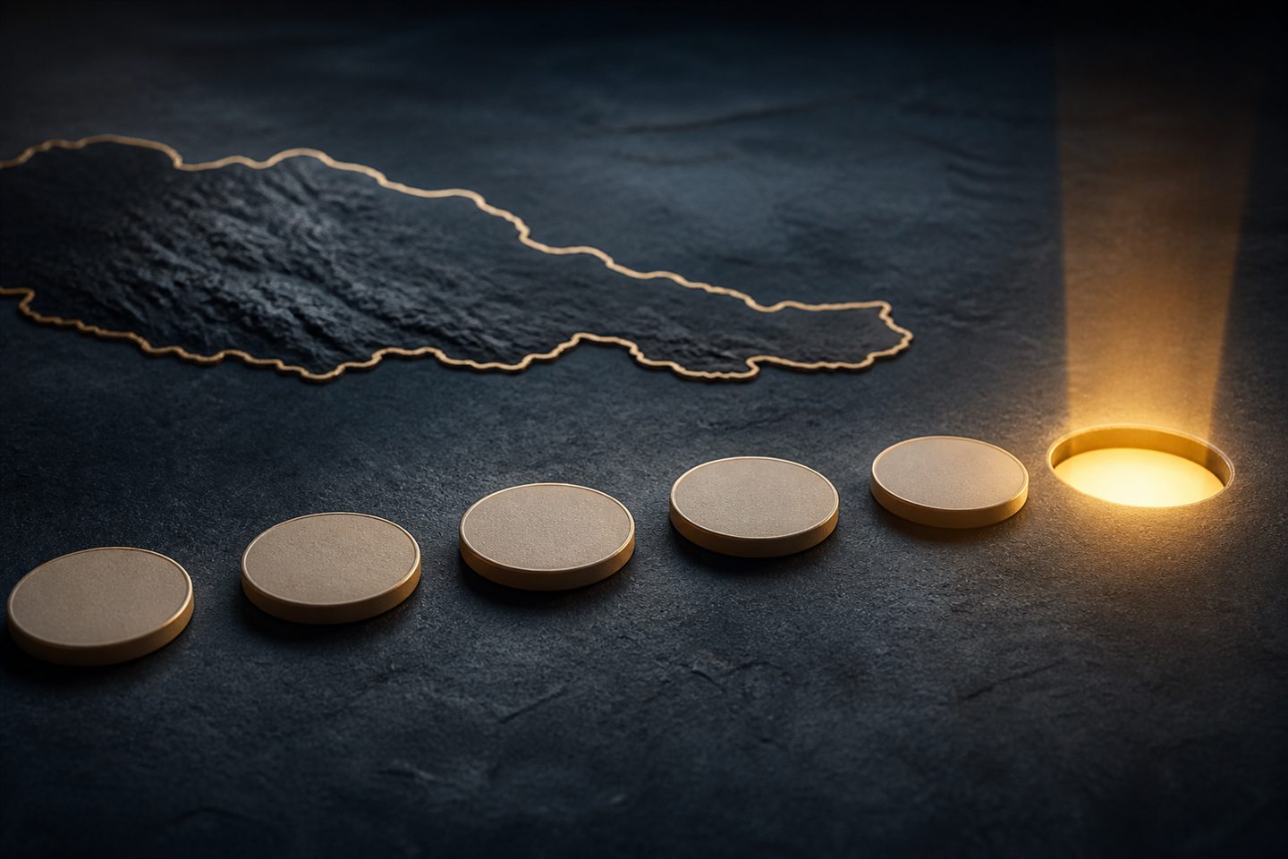 Abstract brand tokens moving toward a single illuminated registration slot