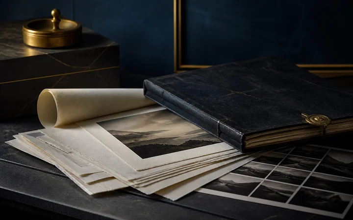Archival folio with layered creative manuscript and photographic materials