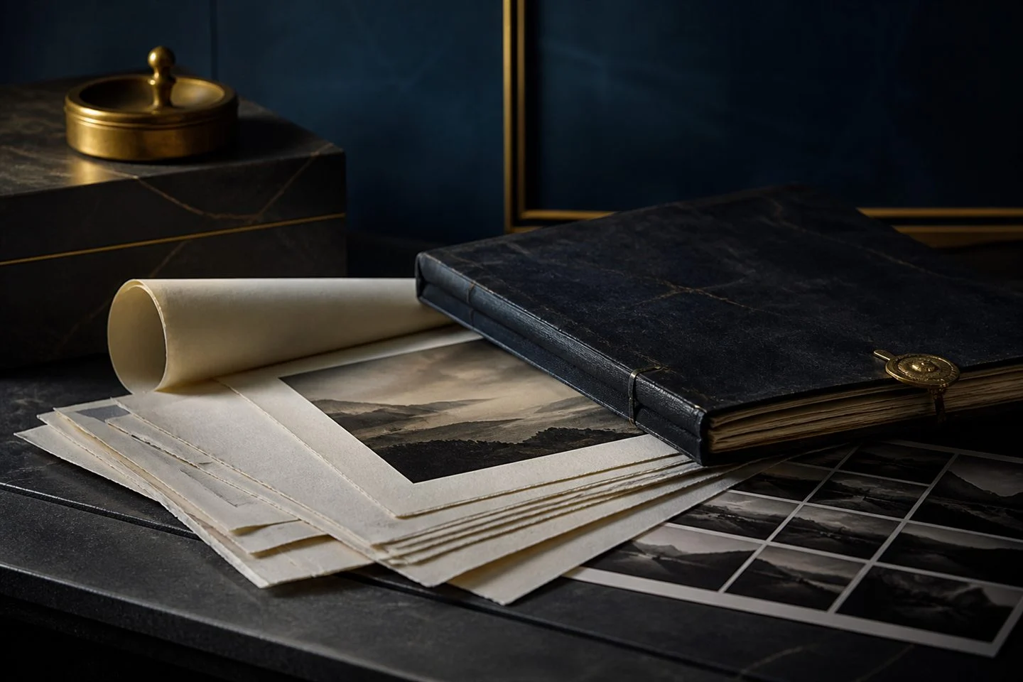 Archival folio with layered creative manuscript and photographic materials