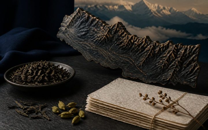 Himalayan tea and spices arranged over a subtle topographic relief