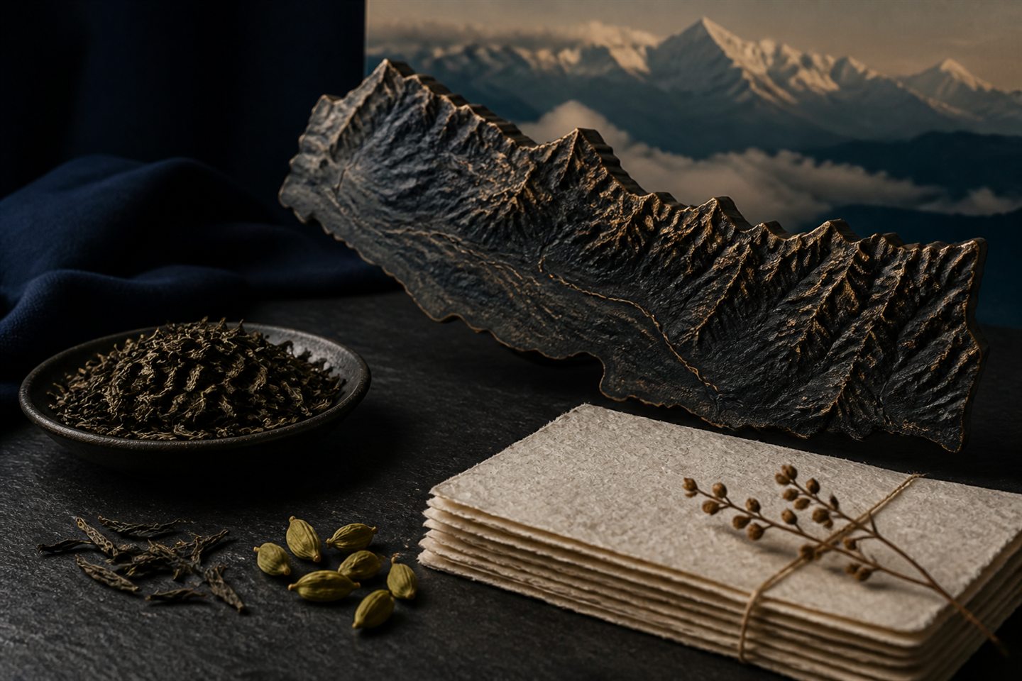 Himalayan tea and spices arranged over a subtle topographic relief