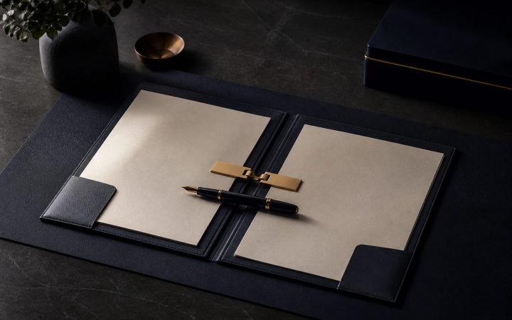 Aligned agreement folios with a fountain pen and precision clasp
