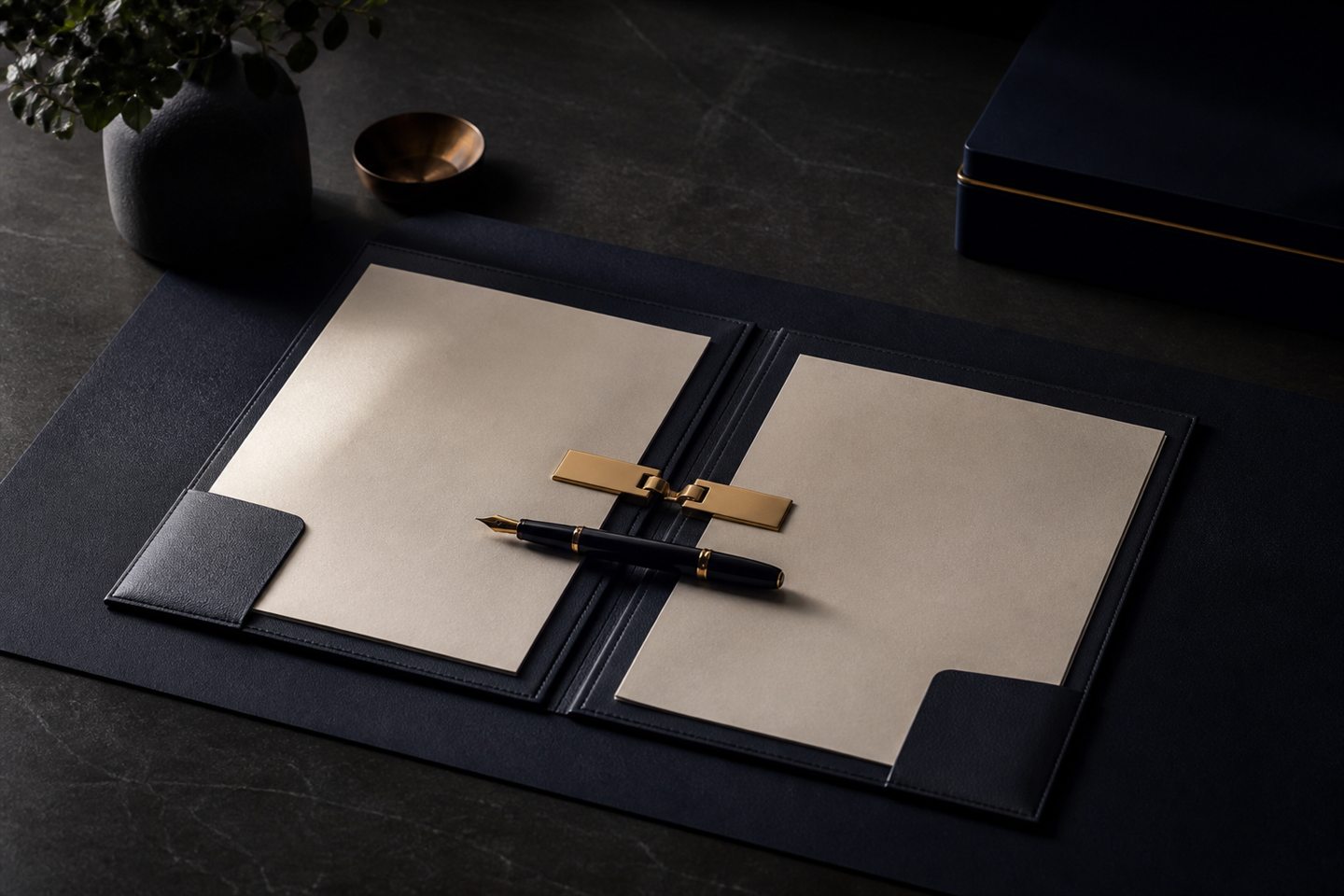 Aligned agreement folios with a fountain pen and precision clasp
