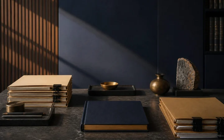 Ordered legal evidence folders prepared under dramatic architectural light