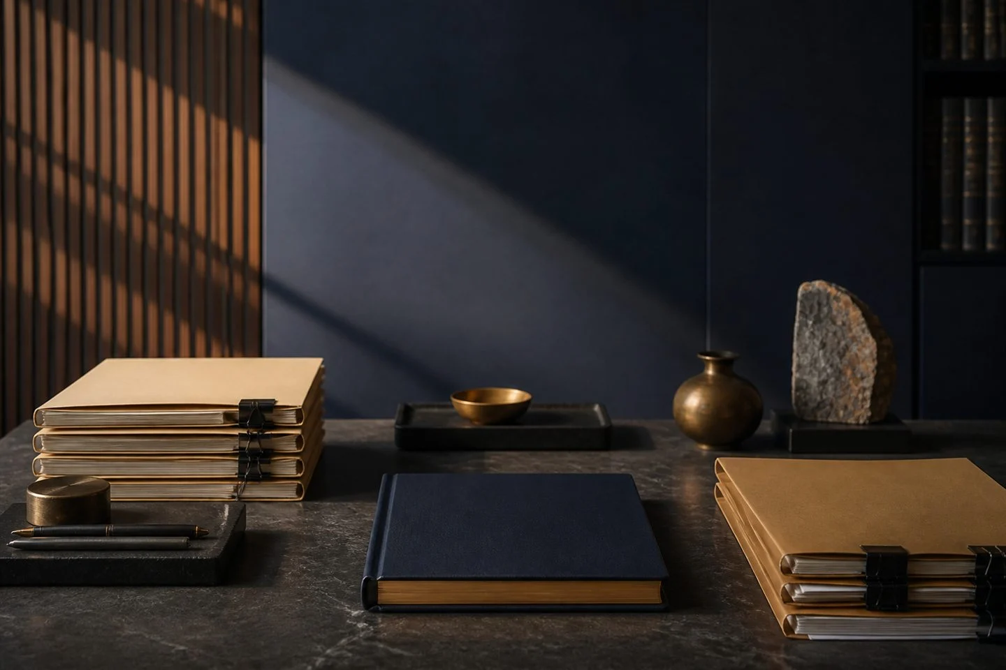 Ordered legal evidence folders prepared under dramatic architectural light