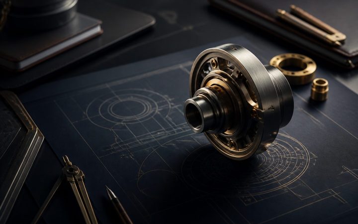 Precision engineering prototype displayed over technical blueprint lines