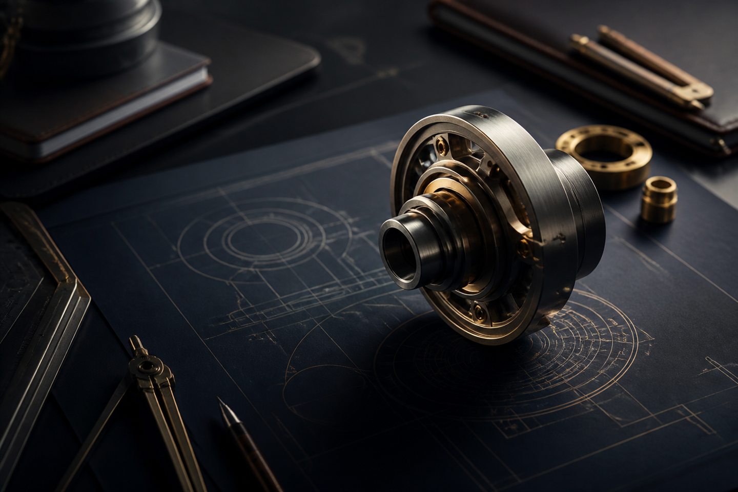 Precision engineering prototype displayed over technical blueprint lines