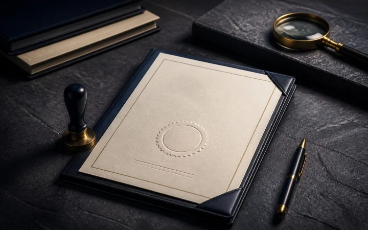 Trademark registration documents with an embossed seal on a dark stone desk