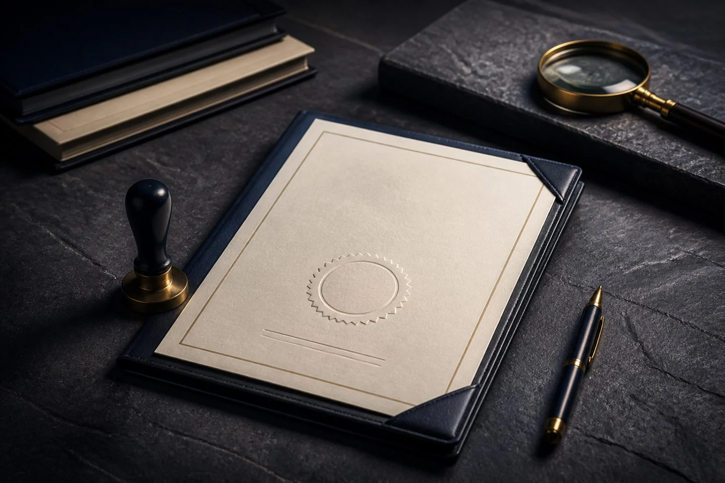 Trademark registration documents with an embossed seal on a dark stone desk